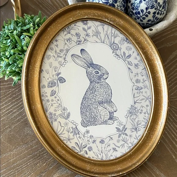 NEW! Vintage Inspired Blue & White French Toile Floral Bunny Rabbit Wall Art - Picture 4 of 6